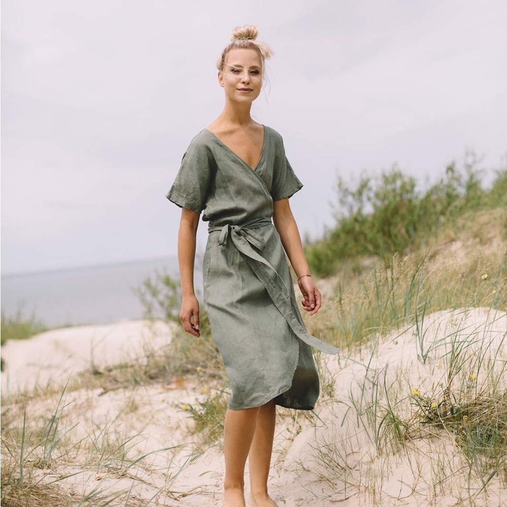 Linenfox Mimosa Pine Green Wrap Dress